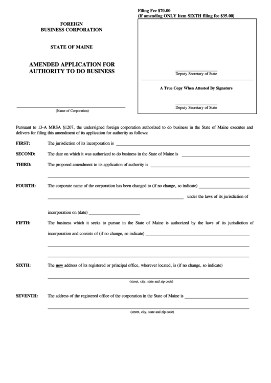 Fillable Form Mbca-12a - Amended Application For Authority To Do Business Printable pdf