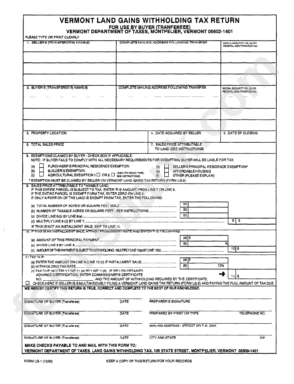 Form Lg-1 - Vermont Land Gains Withholding Tax Return
