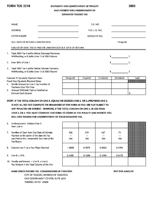 Form Tol 2210 - Statement And Computation Of Penalty And Interest For Underpayment Of Estimated Toledo Tax - 2003 Printable pdf