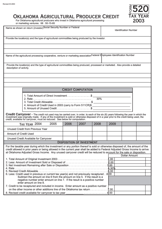 Form 520 - Oklahoma Agricultural Producer Credit - 2003 Printable pdf