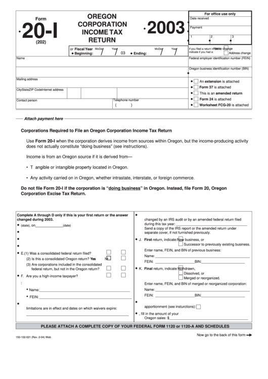 Form 20-I - Oregon Corporation Income Tax Return - 2003 Printable pdf