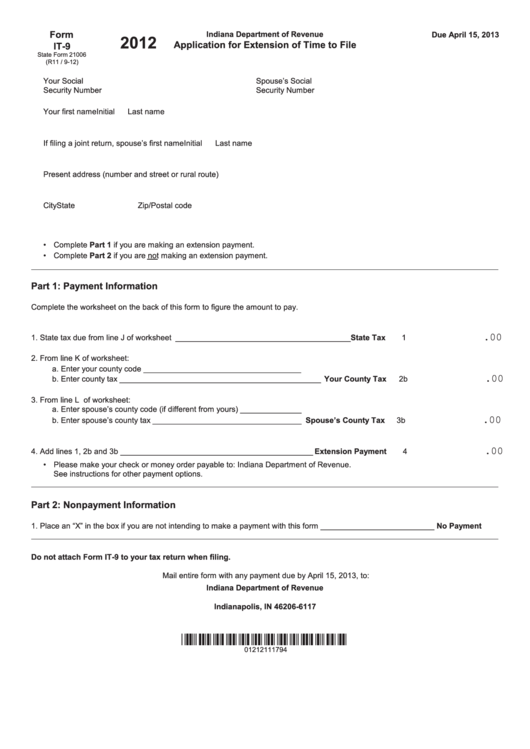 Form It-9 - Application For Extension Of Time To File - 2012 Printable pdf