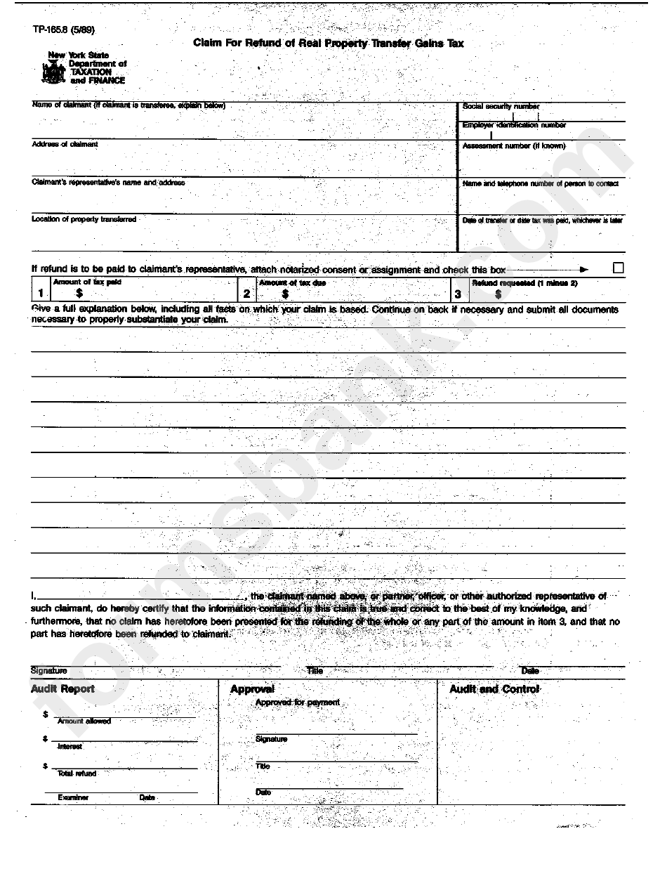 Form Tp-165.8 - Claim For Refund Of Real Property Transfer Gains Tax - New York State