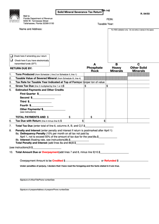 Form Dr 142 - Solid Mineral Severance Tax Return - 2003 Printable pdf