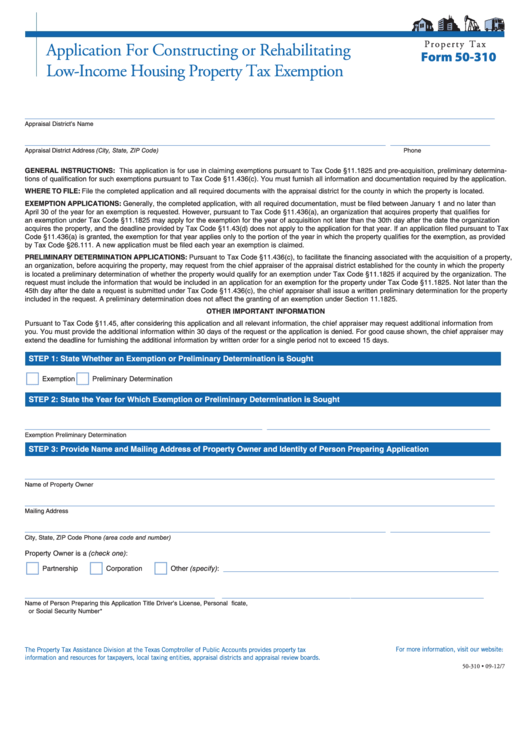 Fillable Form 50-310 - Application For Constructing Or Rehabilitating Low-Income Housing Property Tax Exemption Printable pdf