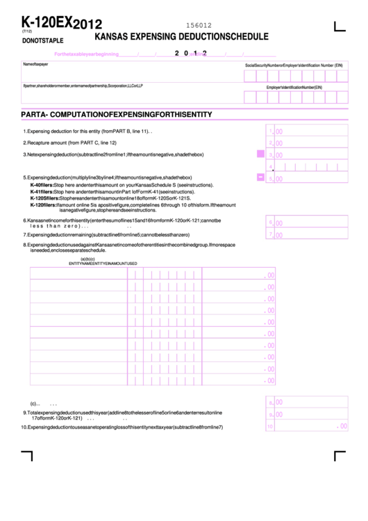 Form K-120ex - Kansas Expensing Deduction Schedule - 2012 Printable pdf