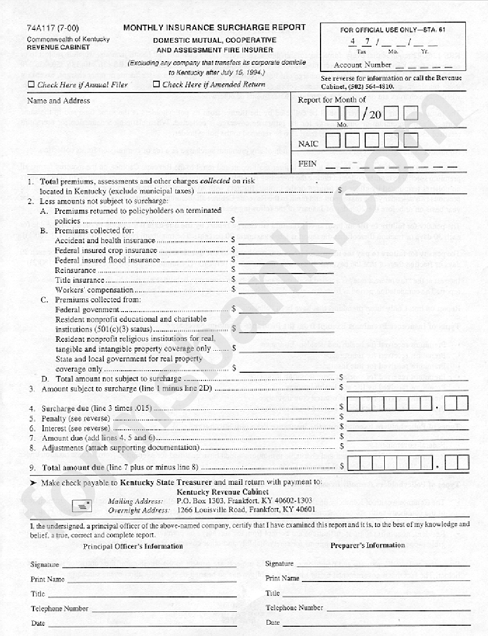 Form 74a117 Monthly Insurance Surcharge Report printable