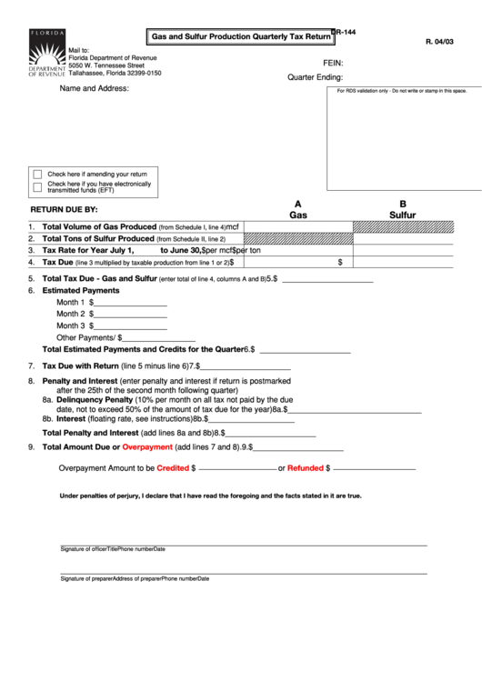 Form Dr-144 - Gas And Sulfur Production Quarterly Tax Return - 2003 Printable pdf