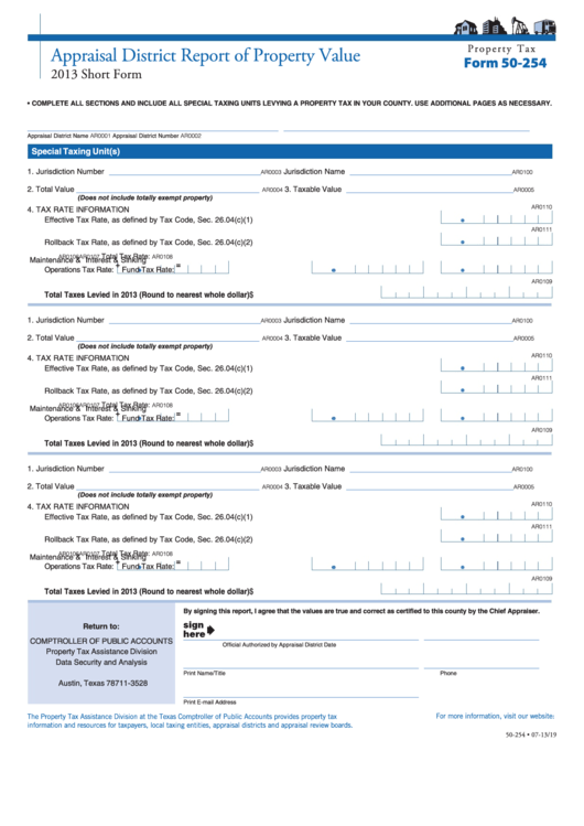 Fillable Form 50-254 - Appraisal District Report Of Property Value - 2013 Printable pdf