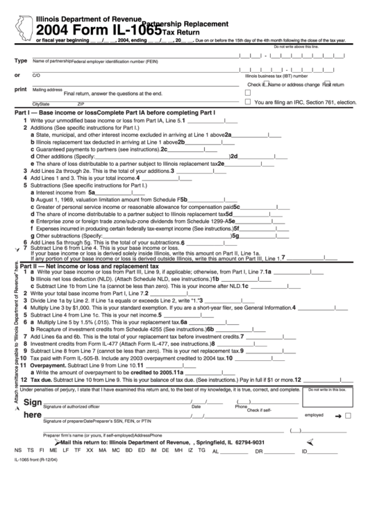 Form Il-1065 - Partnership Replacement Tax Return - 2004 Printable pdf
