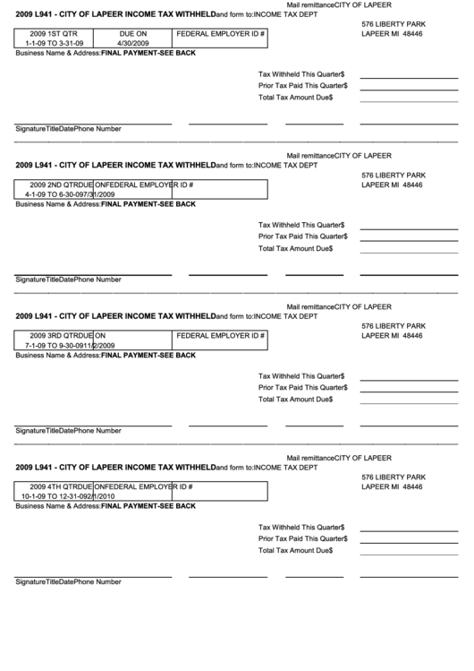 Form L941 - City Of Lapeer Income Tax Withheld - 2009 Printable pdf