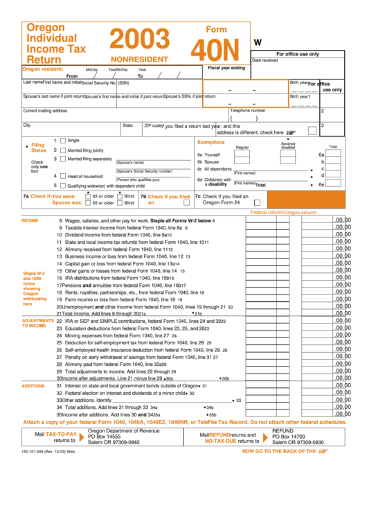 Fillable Form 40n - Oregon Individual Income Tax Return - Nonresident - 2003 Printable pdf
