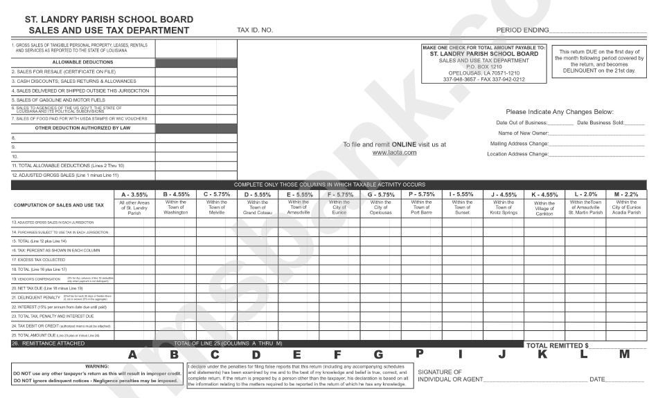 Sales / Use Tax Report St. Landry Parish printable pdf download