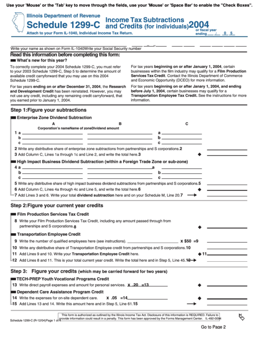 Fillable Schedule 1299-C - Income Tax Subtractions And Credits (For Individuals) - 2003 Printable pdf