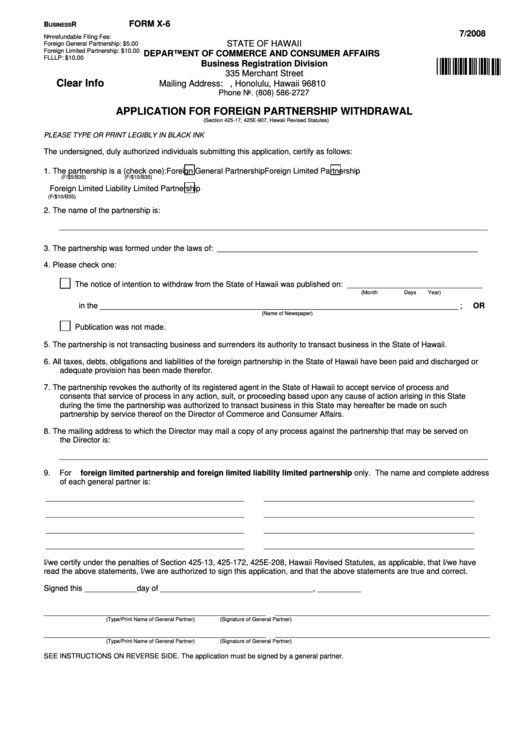 Fillable Form X-6 - Application For Foreign Partnership Withdrawal Printable pdf