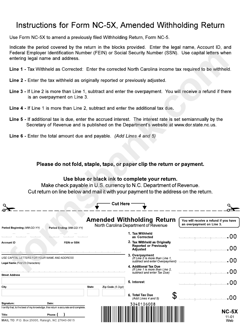 Form Nc-5x - Amended Withholding Return