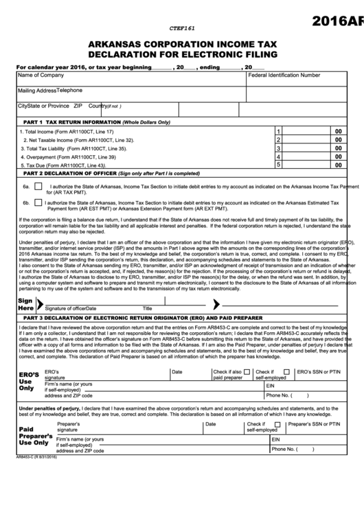 Form Ar8453-C - Arkansas Corporation Income Tax Declaration For Electronic Filing - 2016 Printable pdf