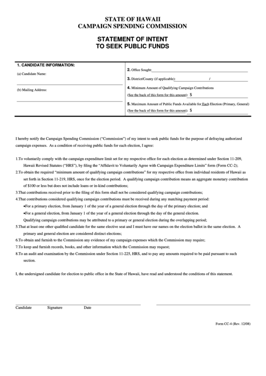 Fillable Form Cc-4 - Statement Of Intent To Seek Public Funds Printable pdf