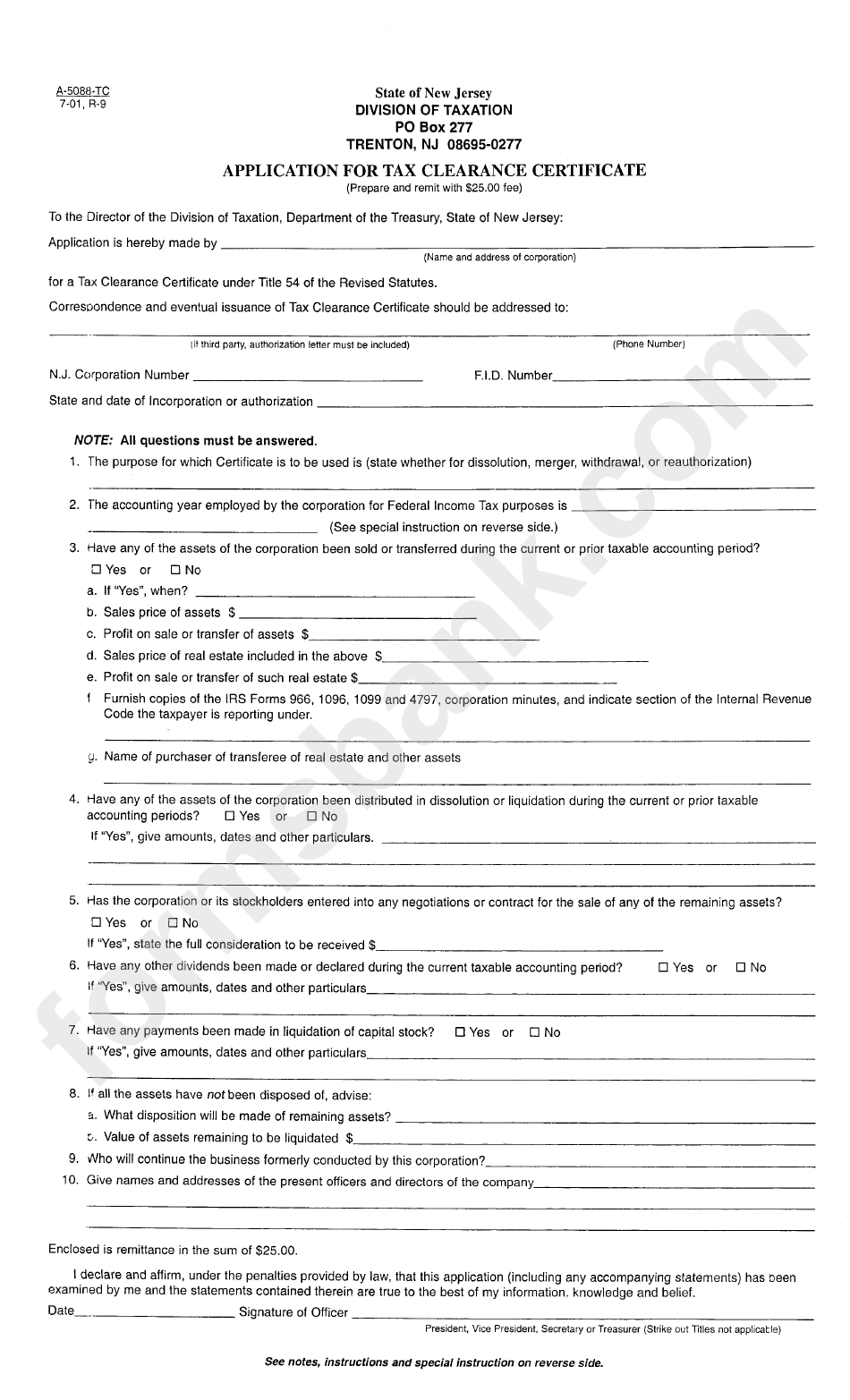 Form A-5088-Tc - Application For Tax Clearance Certificate - New Jersey