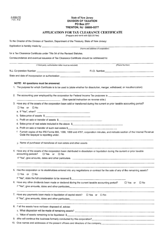 Form A-5088-Tc - Application For Tax Clearance Certificate - New Jersey Printable pdf