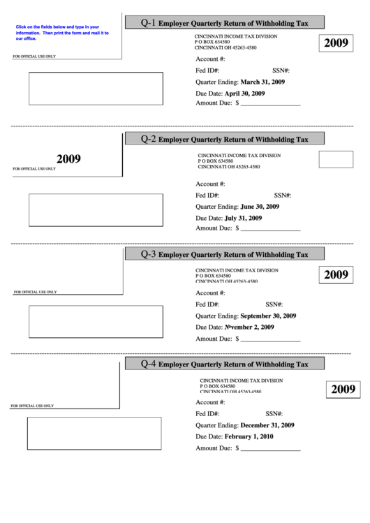 Fillable Employer Quarterly Return Of Withholding Tax - 2009 - City Of Cincinnati Printable pdf