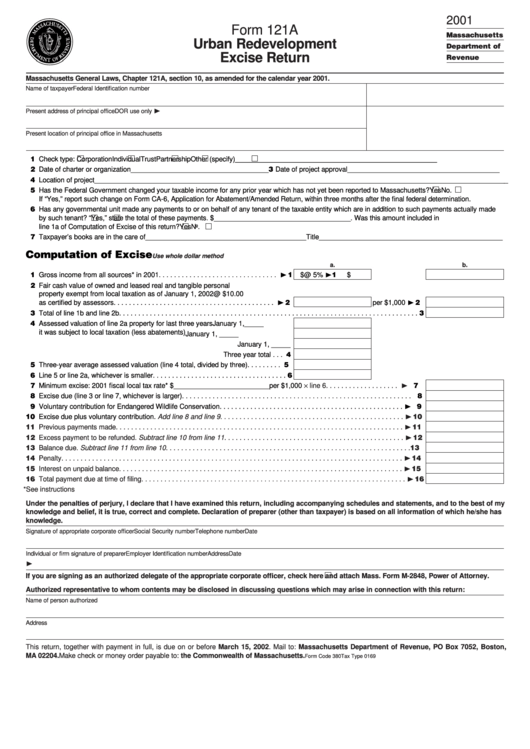 Form 121a - Urban Redevelopment Excise Return - 2001 Printable pdf