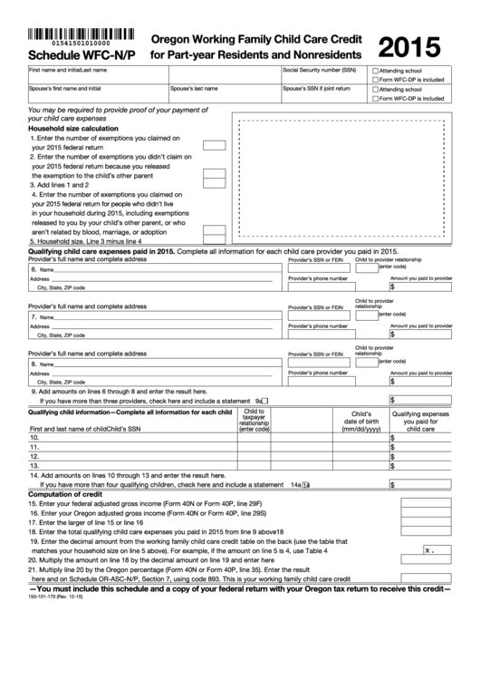 Fillable Form 150-101-170 - Schedule Wfc-N/p - Oregon Working Family Child Care Credit For Part-Year Residents And Nonresidents - 2015 Printable pdf