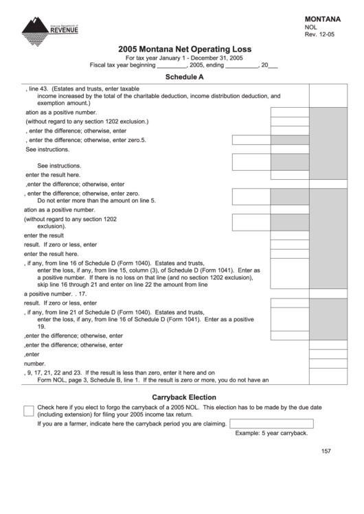 Fillable Montana Form Nol - Montana Net Operating Loss - 2005 Printable pdf