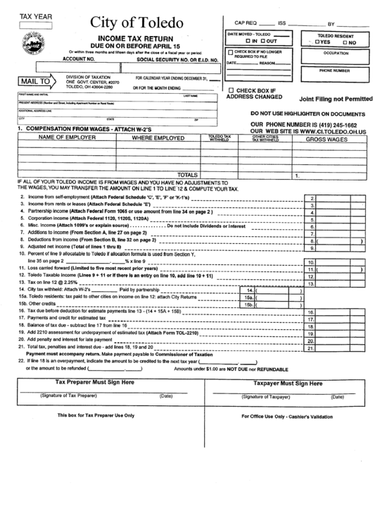 Income Tax Return - City Of Toledo Printable pdf