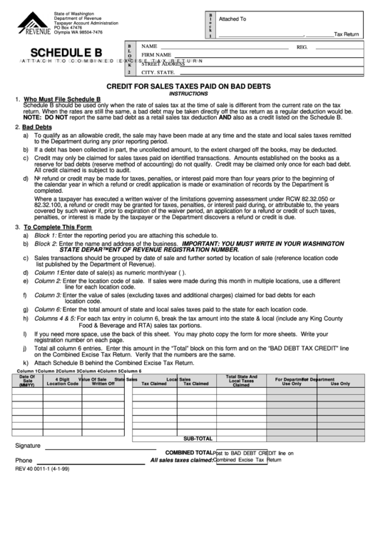 Form Rev 40 0011 - Schedule B - Credit For Sales Taxes Paid On Bad Debts Printable pdf