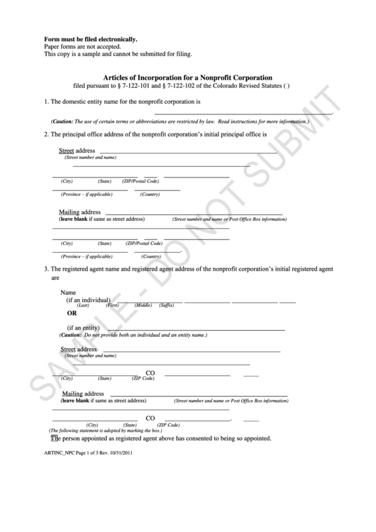Form Artinc_npc- Sample - Articles Of Incorporation For A Nonprofit Corporation - 2011 Printable pdf