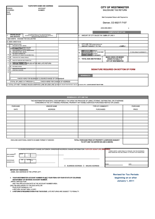Fillable Sales/use Tax Return Form - City Of Westminster Printable pdf