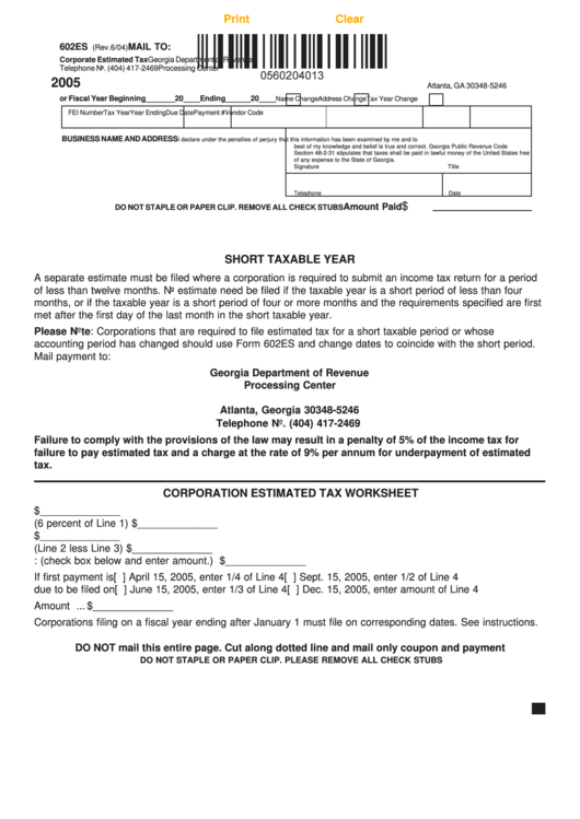 Fillable Form 602es - Corporate Estimated Tax Form - 2005 Printable pdf