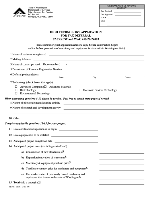 Form Rev 81 1013 - High Technology Application For Tax Deferral 82.63 Rcw And Wac 458-20-24003 Printable pdf
