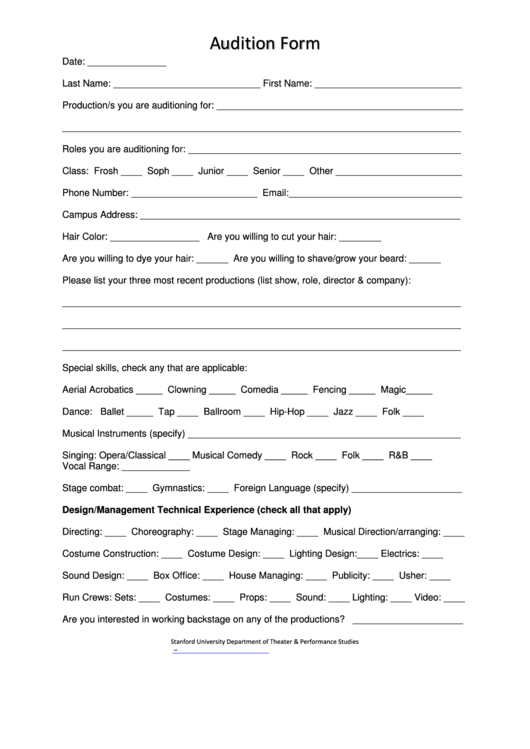 University Audition Form Printable pdf