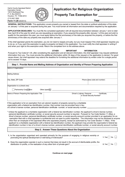 Form 11.20 - Application For Religious Organization Property Tax Exemption Printable pdf