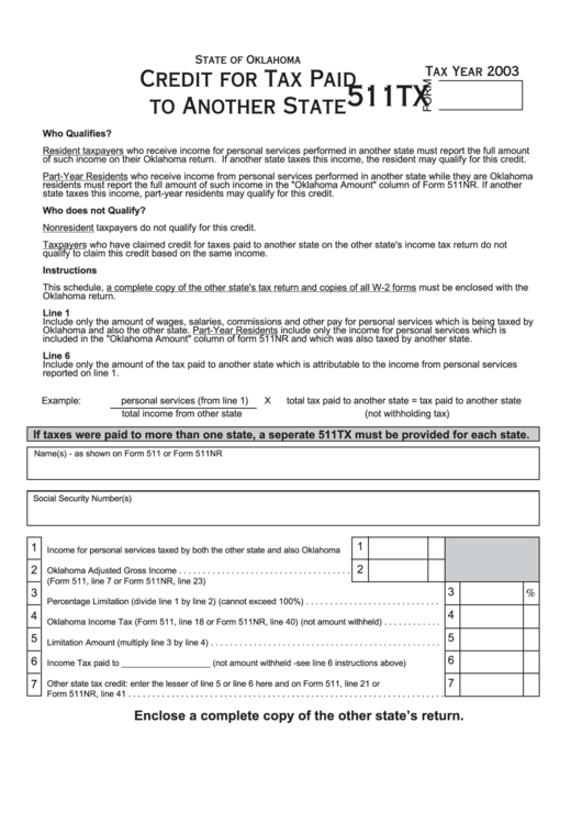 form-511tx-credit-for-tax-paid-to-another-state-2003-printable-pdf