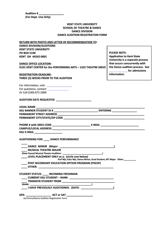 Dance Audition Registration Form Printable pdf