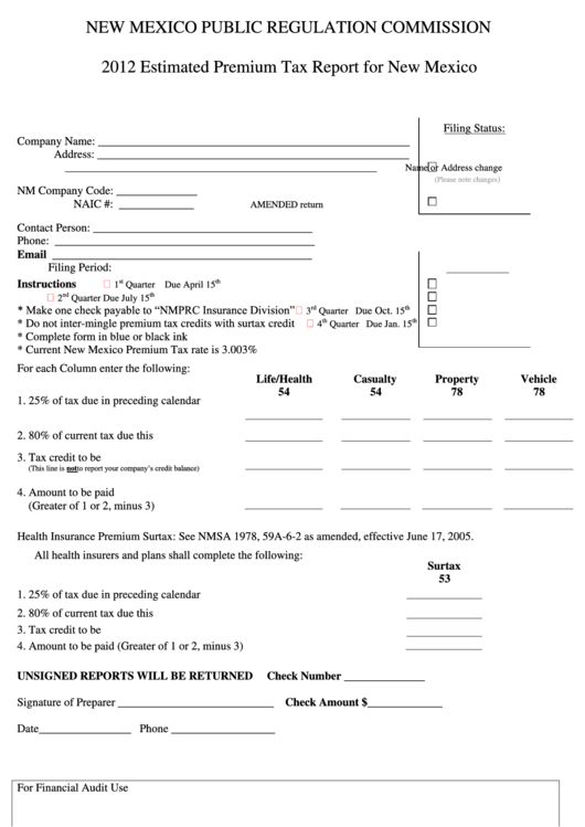 Fillable Form 306 - Estimated Premium Tax Report For New Mexico - 2012 Printable pdf