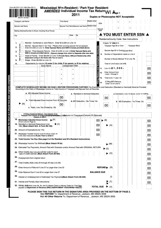 Fillable Form 80-270-11-8-1-000 - Mississippi Non-Resident / Part-Year Resident Individual Income Tax Return - 2011 Printable pdf