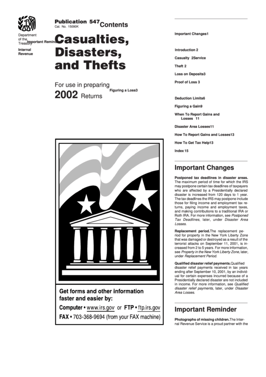 Publication 547 - Casualties,disasters,and Thefts - 2002 Printable pdf