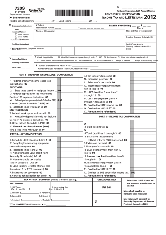 Form 720s - Kentucky S Corporation Income Tax And Llet Return - 2012 Printable pdf