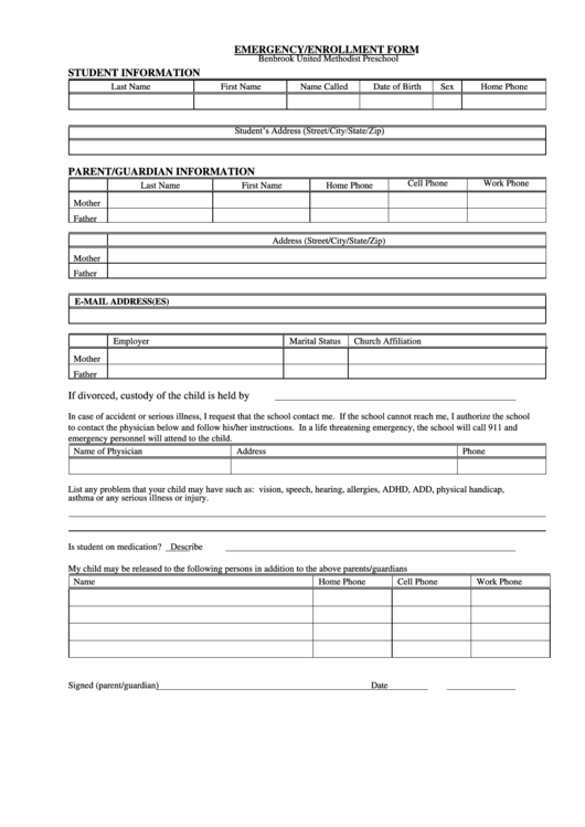 Emergency/enrollment Form Printable pdf