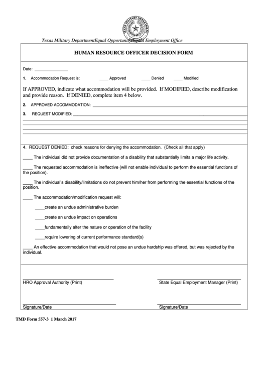 Form 557-3 - Human Resource Officer Decision Form - Texas Military Department Printable pdf