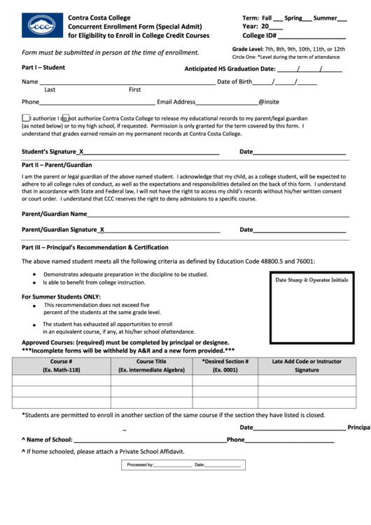 Concurrent Enrollment Form (Special Admit) For Eligibility To Enroll In College Credit Courses Printable pdf