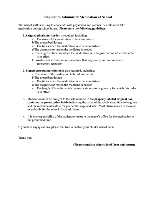 Request To Administer Medication At School Printable pdf