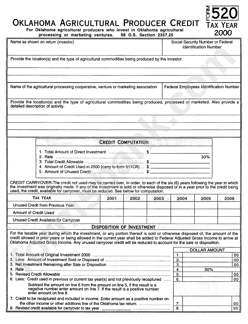 Form 520 - Oklahoma Agricultural Producer Credit - 2000 printable pdf ...