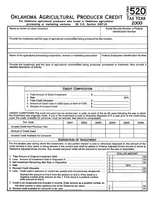 Form 520 - Oklahoma Agricultural Producer Credit - 2000 Printable pdf