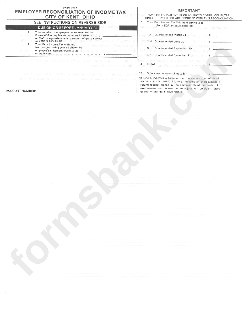 Form Kw-3 - Employer Reconciliation Of Income Tax - City Of Kent,ohio