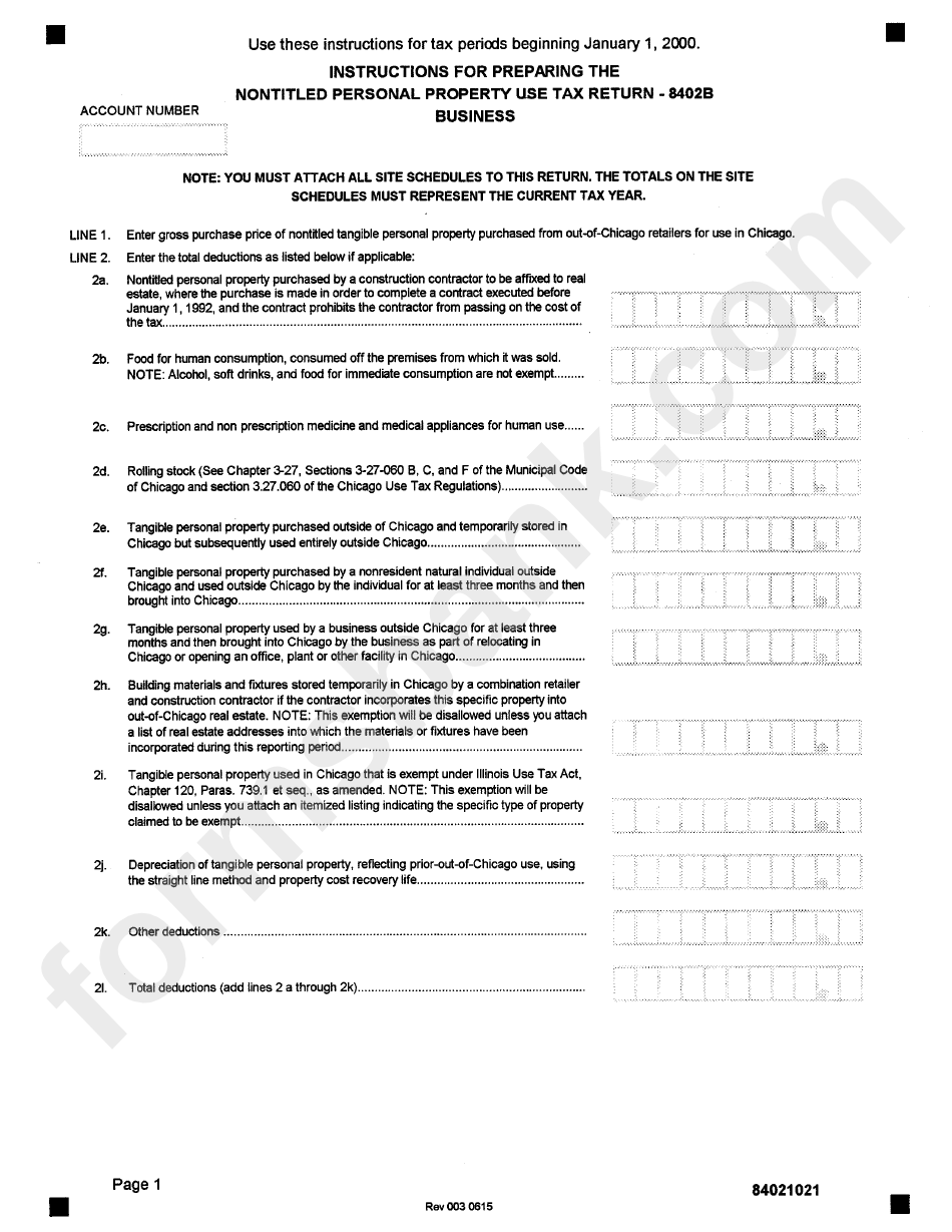 Instructions For Preparing The Nontitled Personal Property Use Tax Return - Form 8402b Business - City Of Chicago Department Of Finance